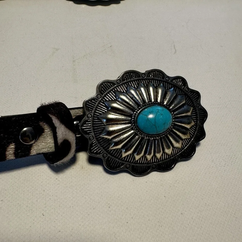 Haute Hippie Cow Print Silver and Turquoise Chain‎ Concho Belt NWT  One Size